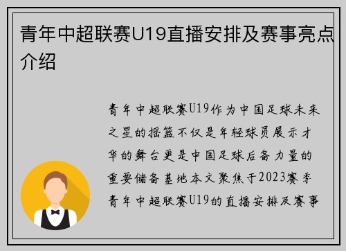 青年中超联赛U19直播安排及赛事亮点介绍
