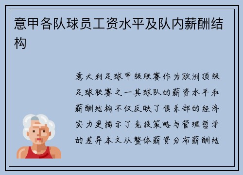 意甲各队球员工资水平及队内薪酬结构