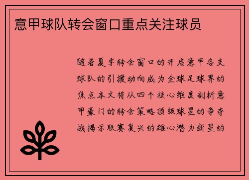 意甲球队转会窗口重点关注球员